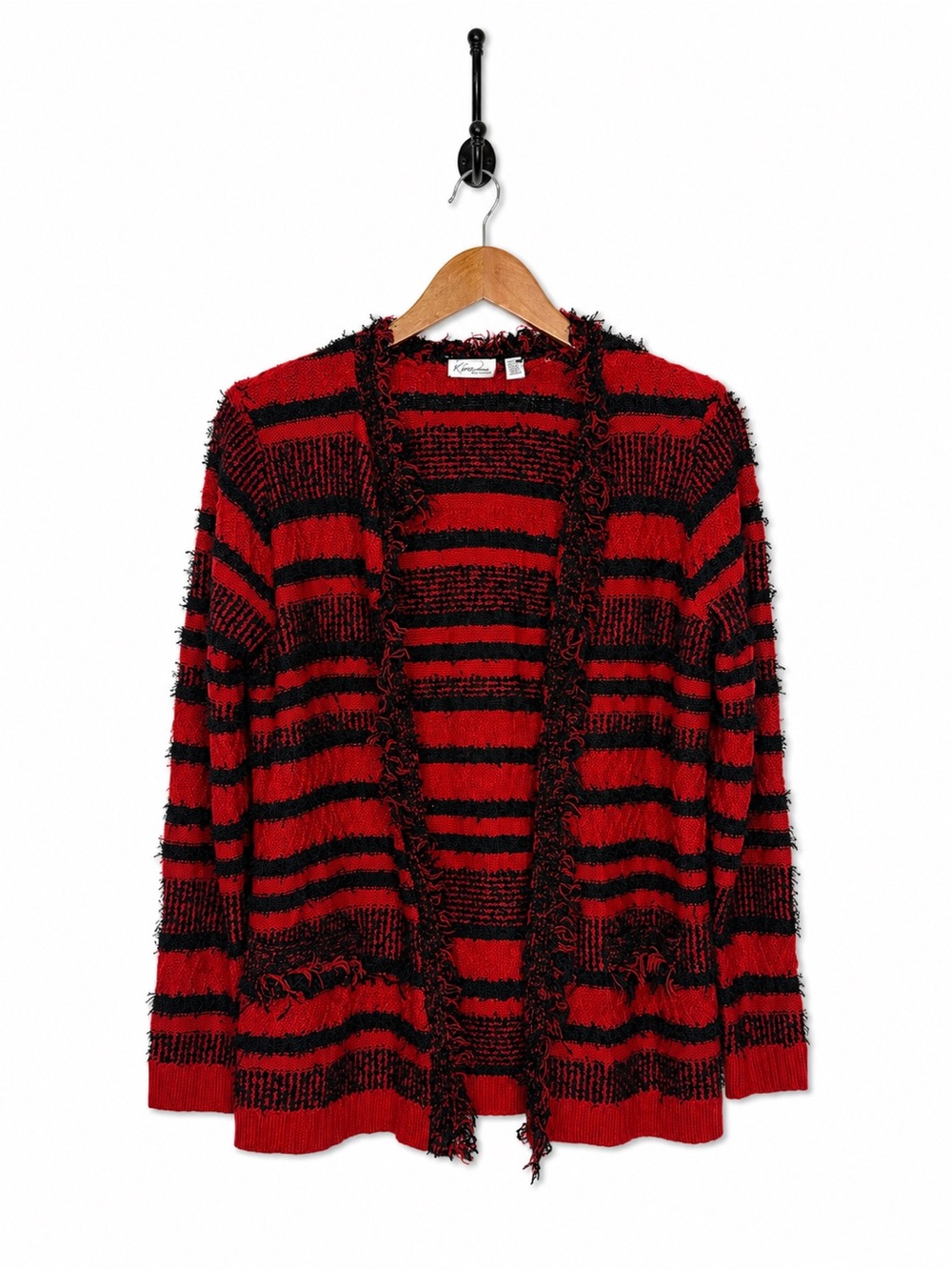 Kim Rogers Woman 2X Red Black Striped Fringe Open Front Cardigan Sweater